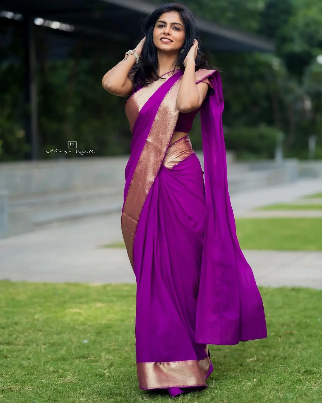 Maa TV Actress Mounika Reddy Wearing Violet Saree Blouse